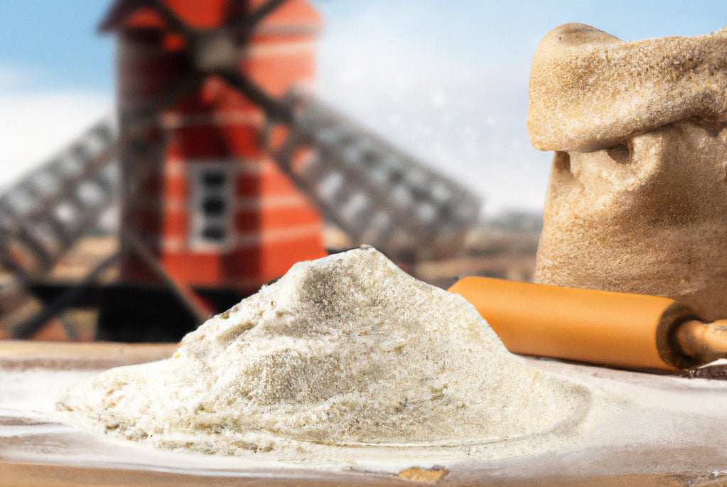 flour on a wooden table with a windmill